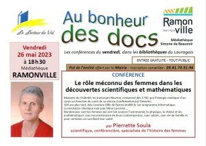 Conférence à Ramonville : "Le rôle méconnu des femmes dans les découvertes scientifiques...", par Pierrette Soula, le 26 mai