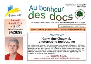 Conférence à Baziège : "Germaine Chaumel, photographe toulousaine", par Pierrette Soula, le 6 avril