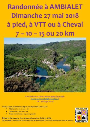 Randonnée à AMBIALET Dimanche 27 mai 2018 à pied, à VTT ou à Cheval 7 – 10 – 15 ou 20 km 