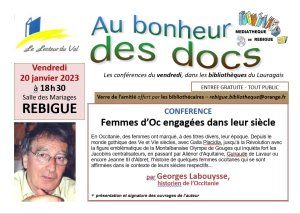 Conférence à Rebigue : "Femmes d'Oc engagées dans leur siècle", par Georges Labouysse, le 20 janvier