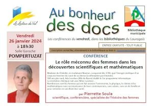 Conférence à Pompertuzat : "Le rôle méconnu des femmes dans les découvertes scientifiques...", par Pierrette Soula, le 26 janvier
