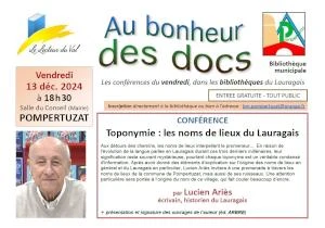 Conférence à Pompertuzat : "Toponymie : les noms de lieux du Lauragais", par Lucien Ariès, le 13 décembre 2025