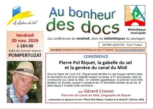 Conférence à Pompertuzat : "Pierre Paul Riquet, la gabelle du sel et la genèse du Canal du Midi", par Gérard Crevon